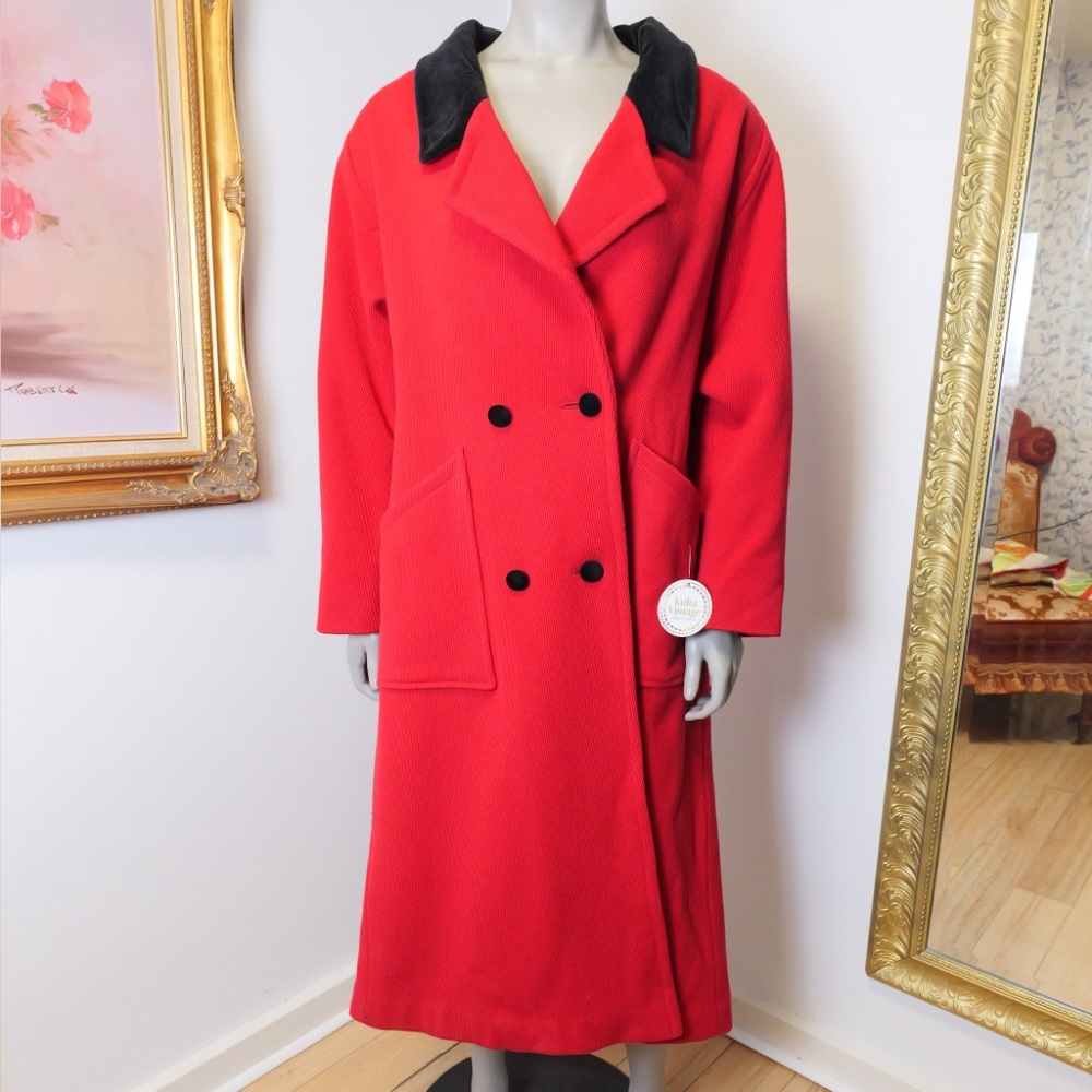 Vintage Red Double-Breasted Coat with Black Collar